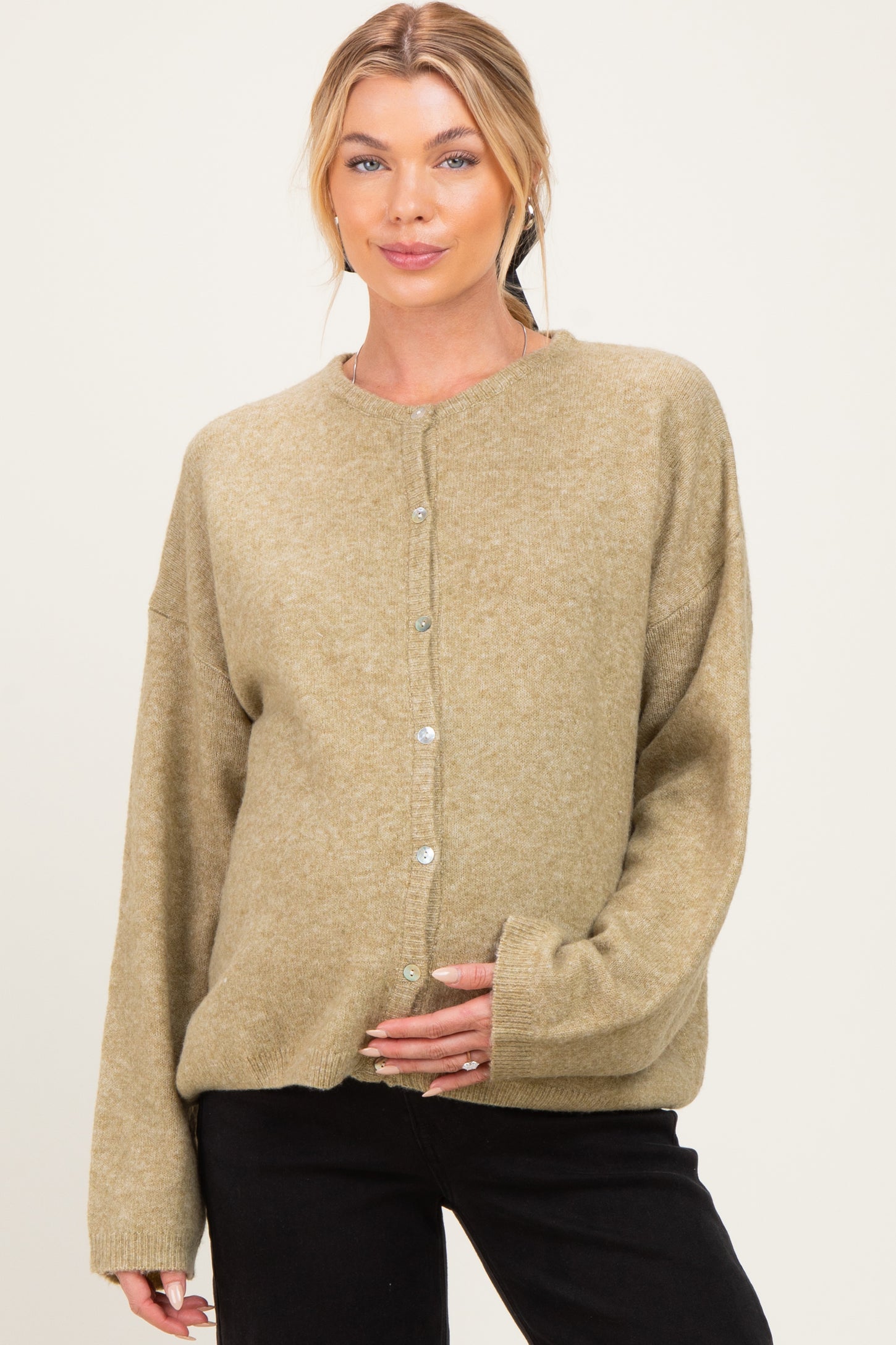 Olive Long Sleeve Crew Neck Maternity Cardigan