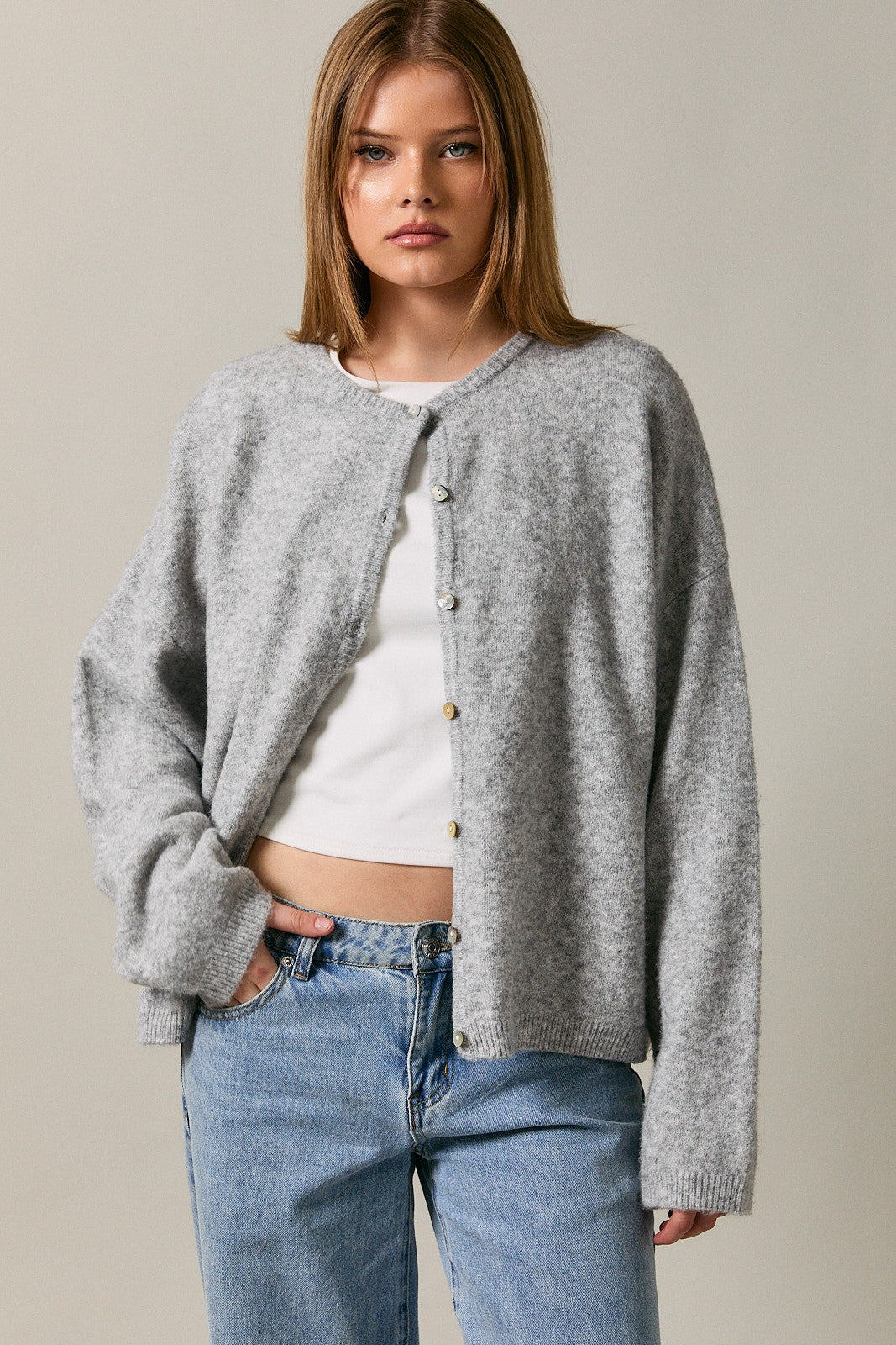 Heather Grey Long Sleeve Crew Neck Cardigan