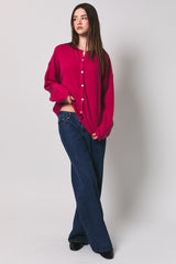 Raspberry Long Sleeve Crew Neck Maternity Cardigan