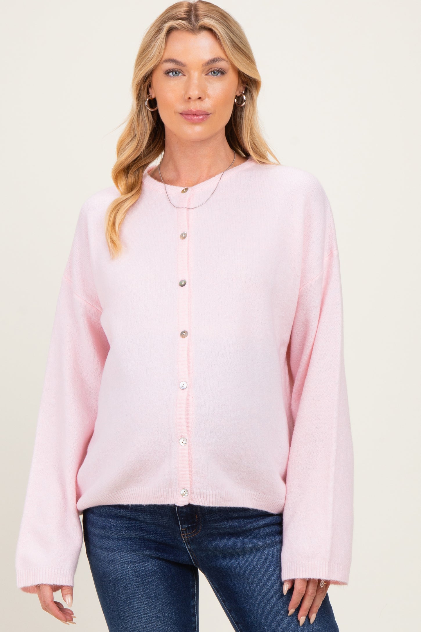 Light Pink Long Sleeve Crew Neck Maternity Cardigan