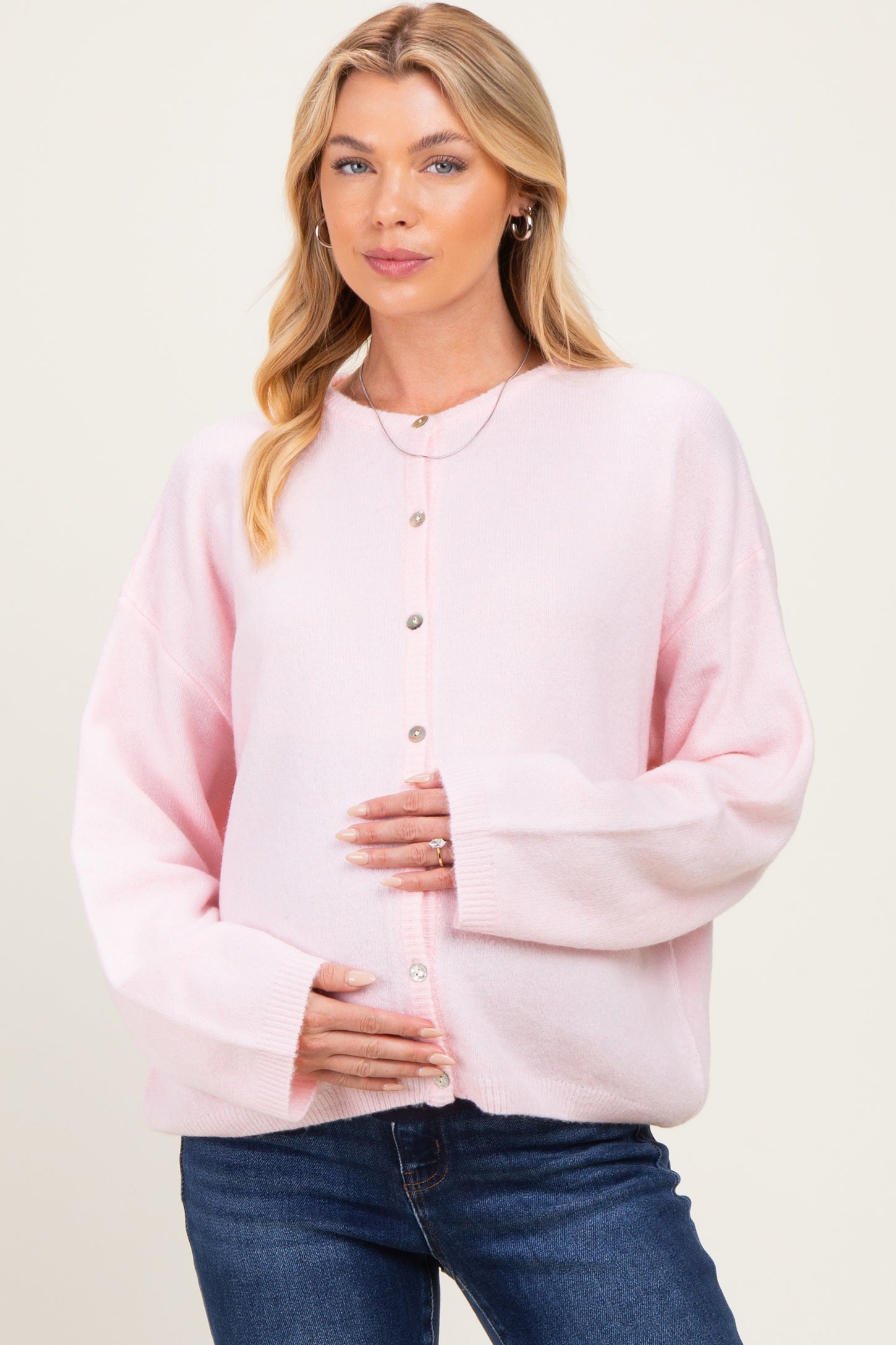 Light Pink Long Sleeve Crew Neck Maternity Cardigan