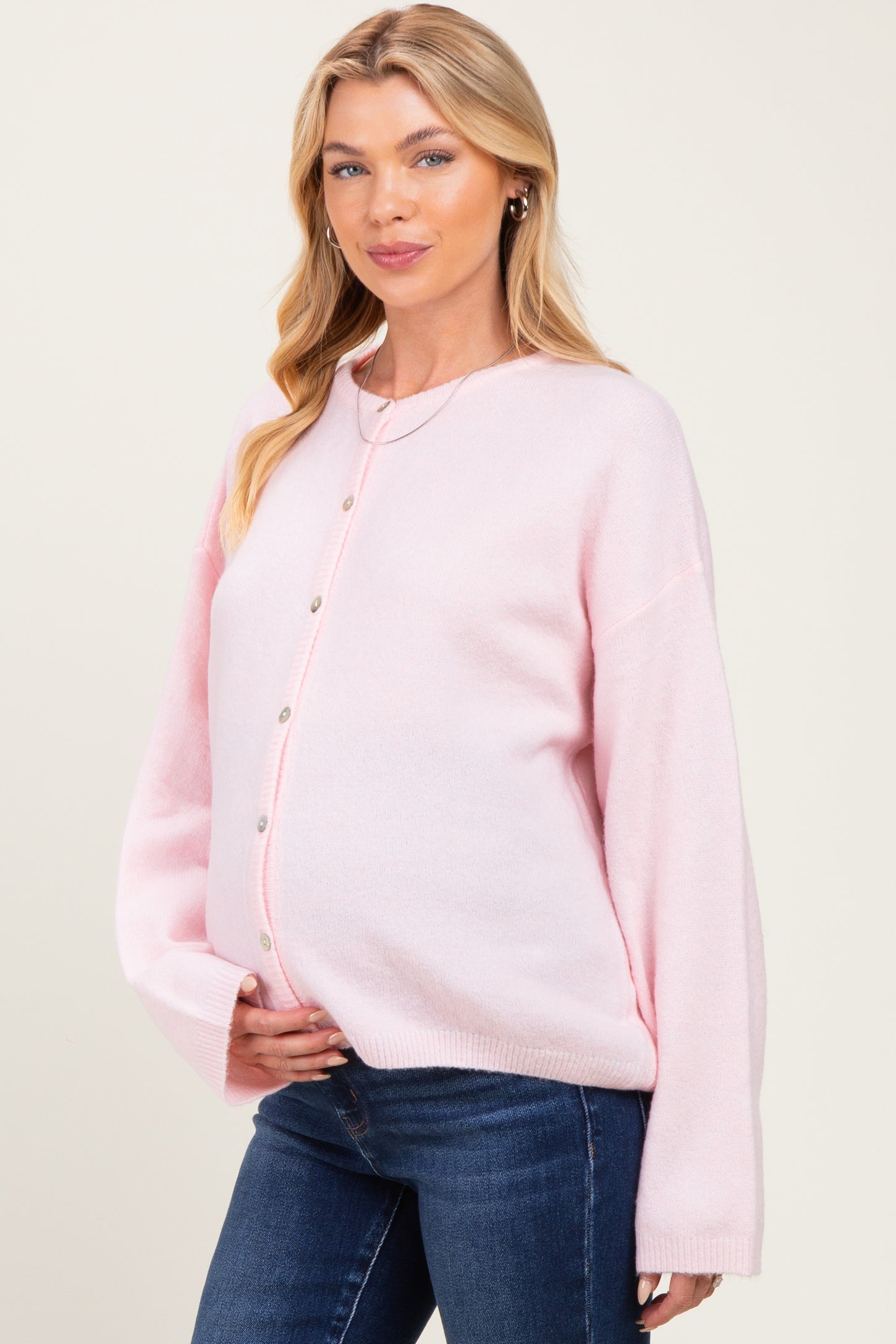 Light Pink Long Sleeve Crew Neck Maternity Cardigan