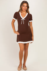 Brown Contrast Ruffle Short Sleeve Maternity Mini Dress