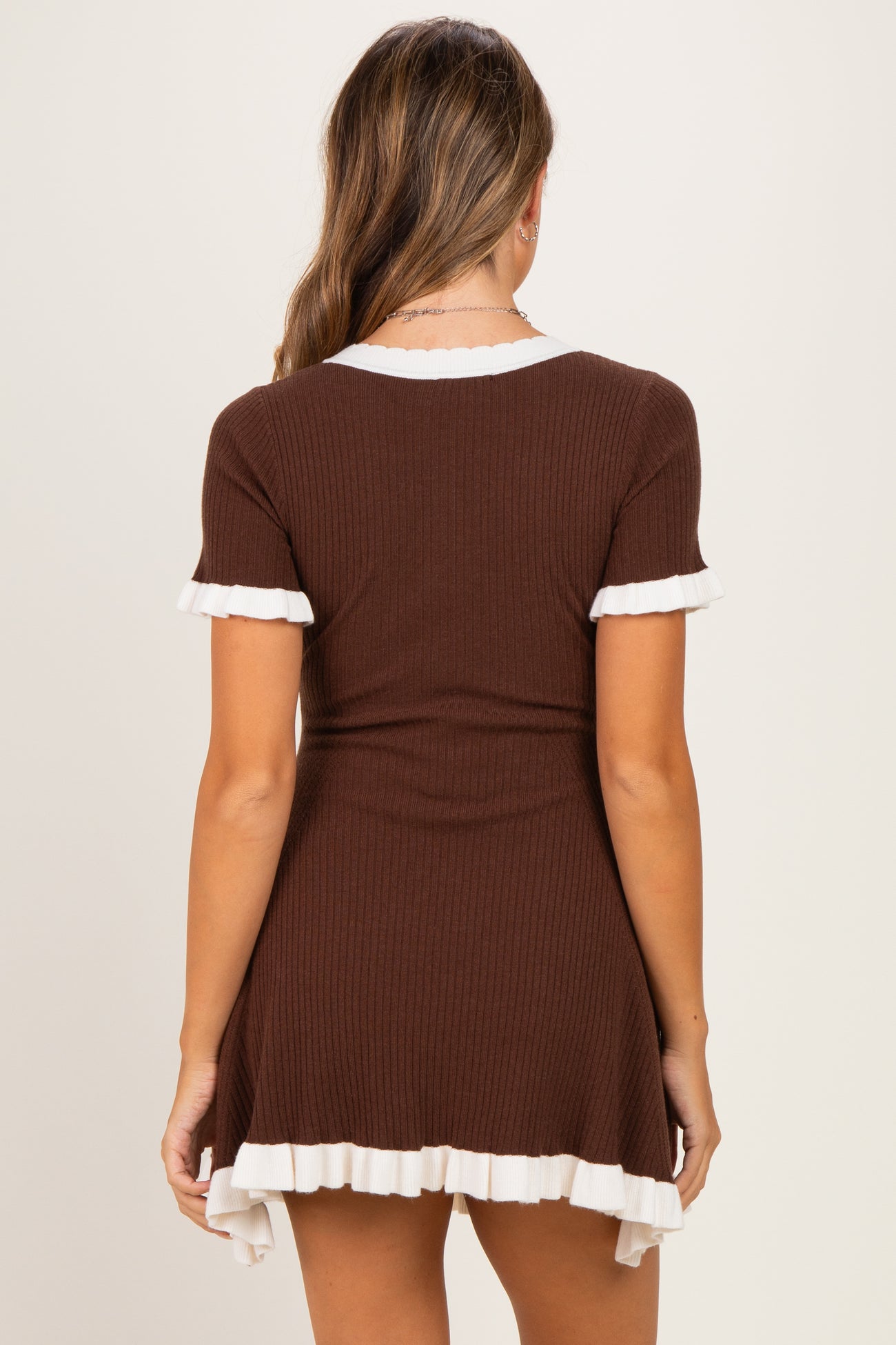 Brown Contrast Ruffle Short Sleeve Maternity Mini Dress