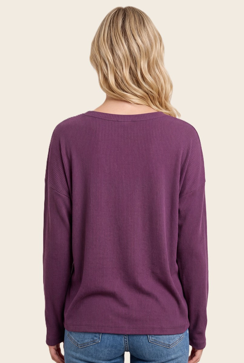 Plum Split Neck Oversized Brushed Knit Top