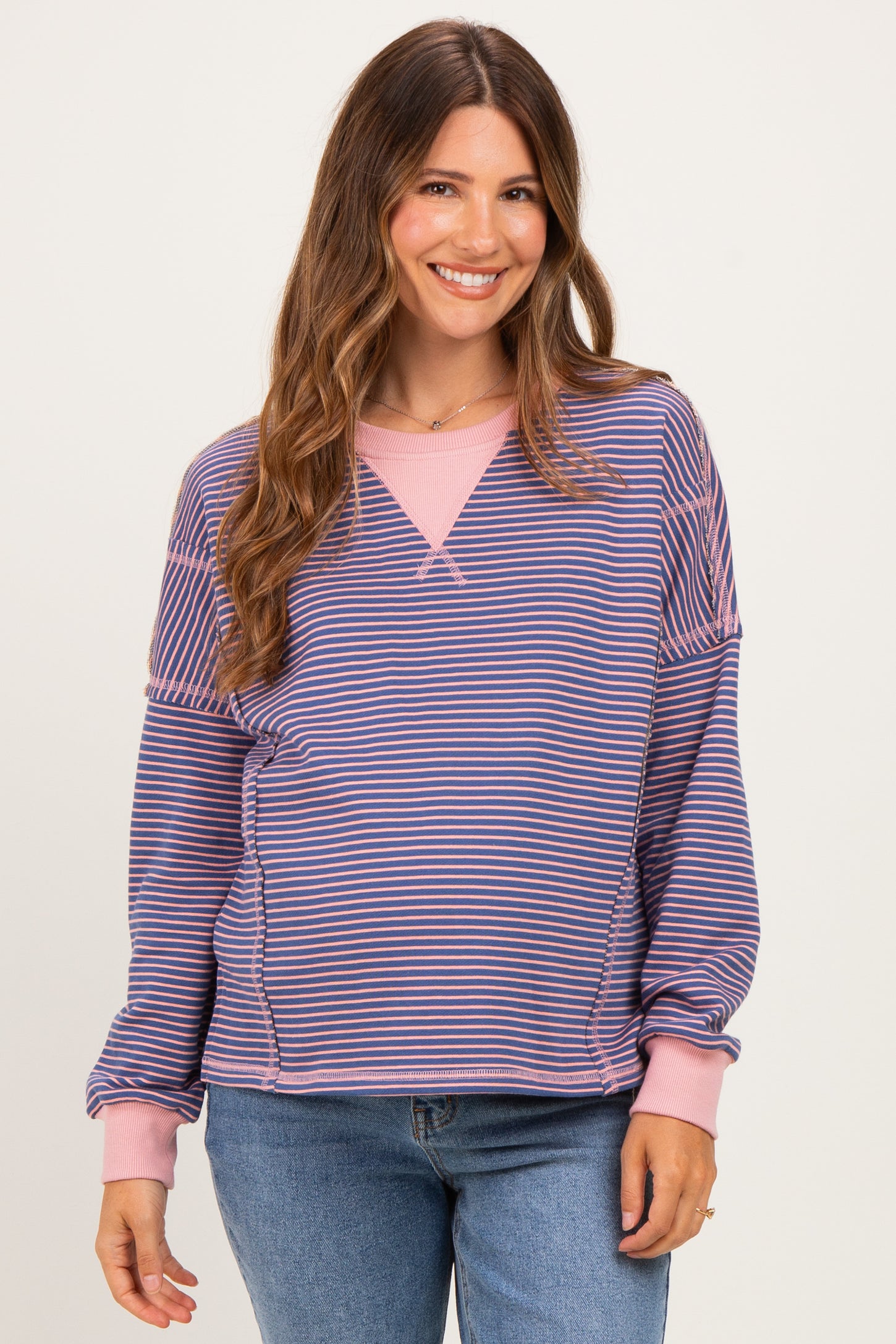 Pink Navy Striped Oversized Maternity Pullover