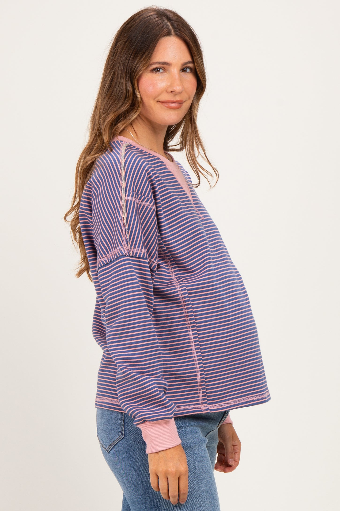 Pink Navy Striped Oversized Maternity Pullover