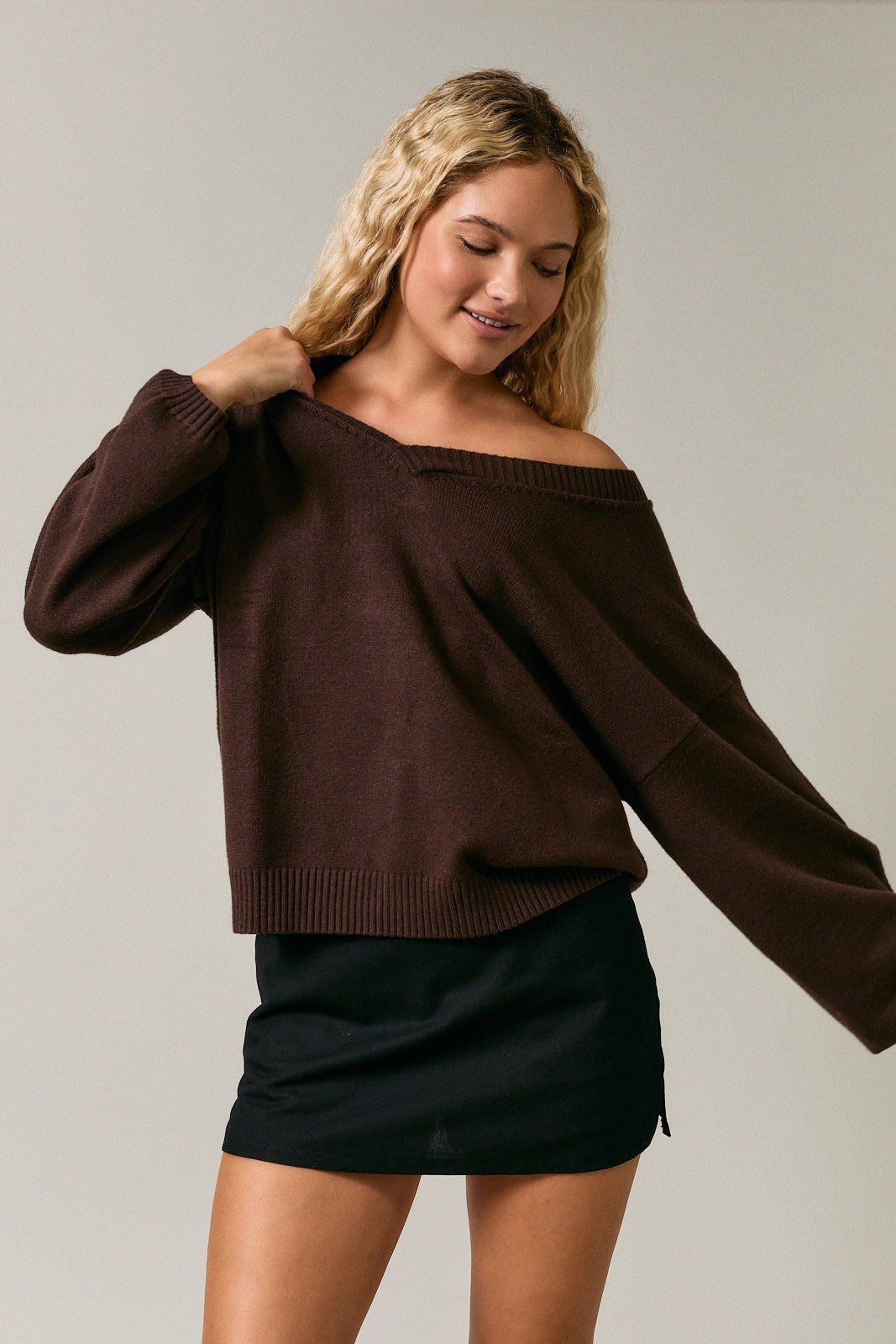 Dark Brown V-Neck Drop Shoulder Sweater