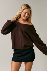 Dark Brown V-Neck Drop Shoulder Sweater