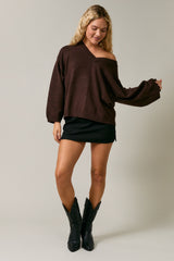 Dark Brown V-Neck Drop Shoulder Sweater