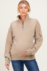 Taupe Half Zip Mock Neck Maternity Sweater