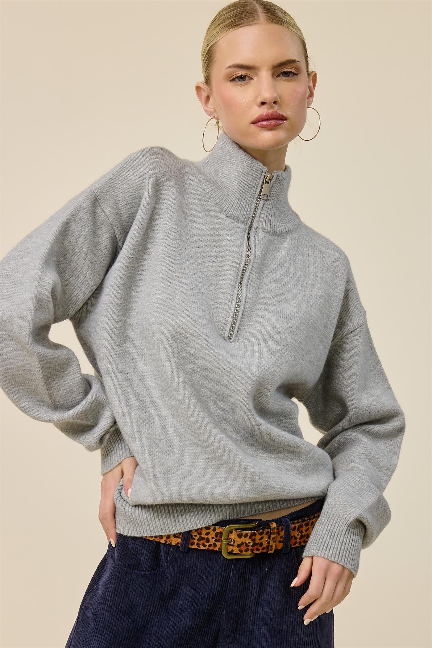 Grey Half Zip Mock Neck Maternity Sweater