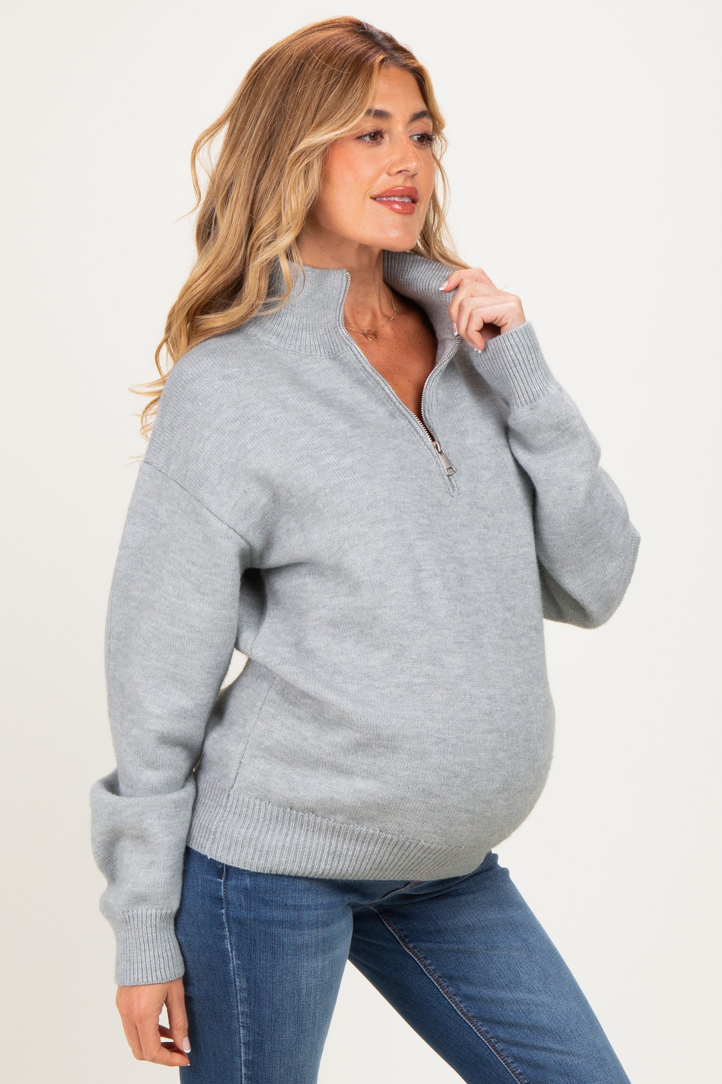 Grey Half Zip Mock Neck Maternity Sweater