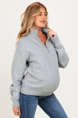 Grey Half Zip Mock Neck Maternity Sweater