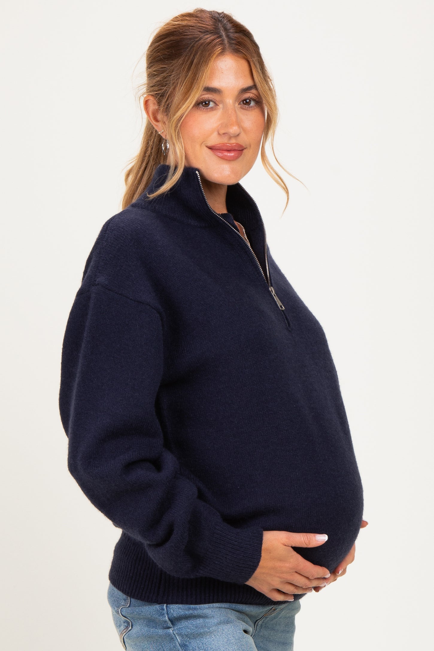 Navy Half Zip Mock Neck Maternity Sweater