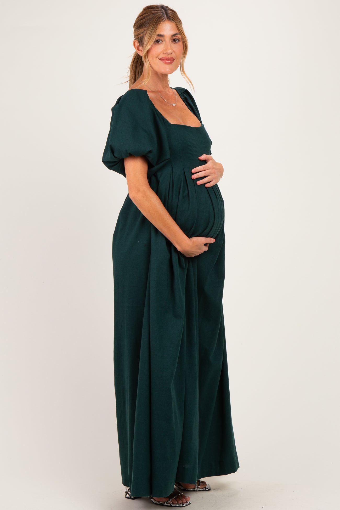 Hunter Green Square Neck Puff Sleeve Maternity Maxi Dress