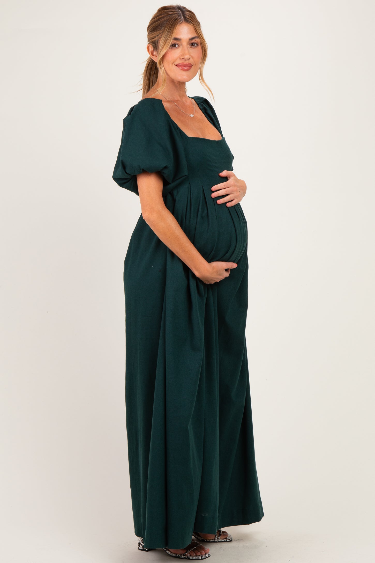 Hunter Green Square Neck Puff Sleeve Maternity Maxi Dress