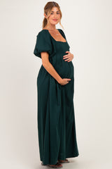 Hunter Green Square Neck Puff Sleeve Maternity Maxi Dress