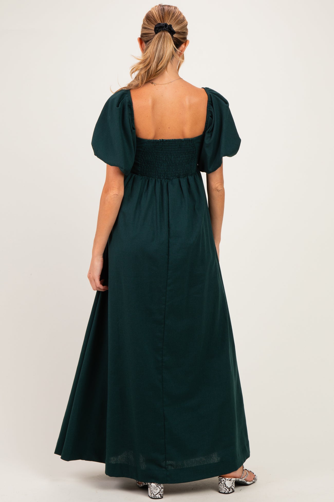 Hunter Green Square Neck Puff Sleeve Maternity Maxi Dress