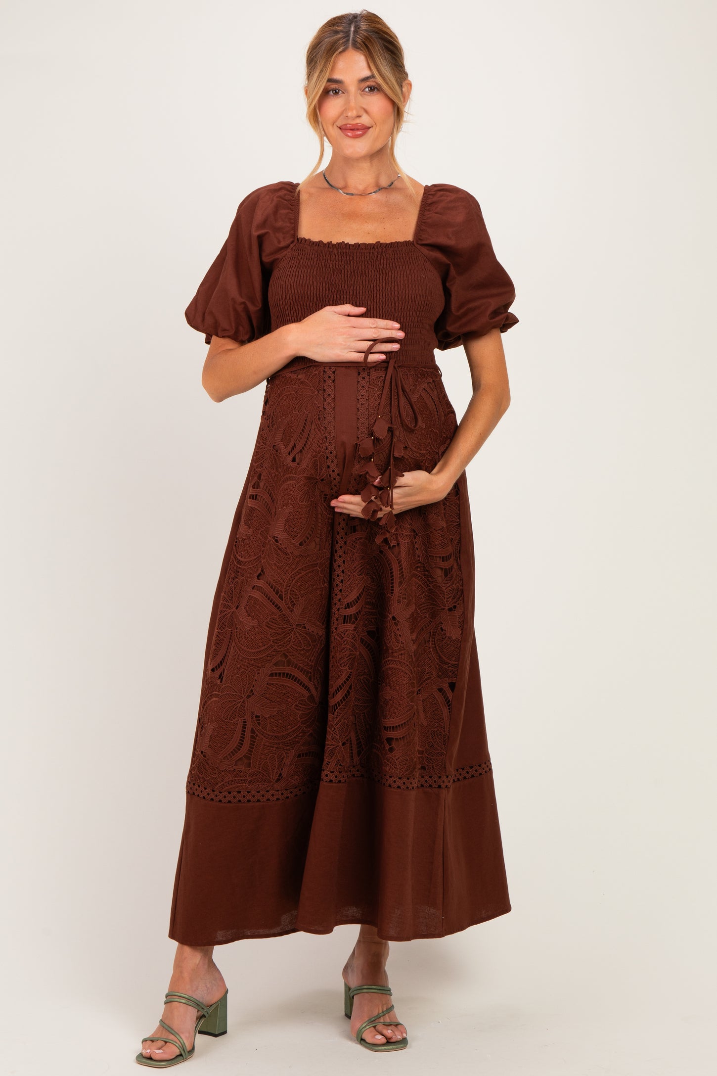 Dark Brown Crochet Lace Smocked Maternity Maxi Dress