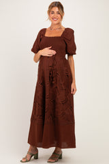 Dark Brown Crochet Lace Smocked Maternity Maxi Dress