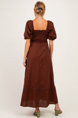 Dark Brown Crochet Lace Smocked Maternity Maxi Dress