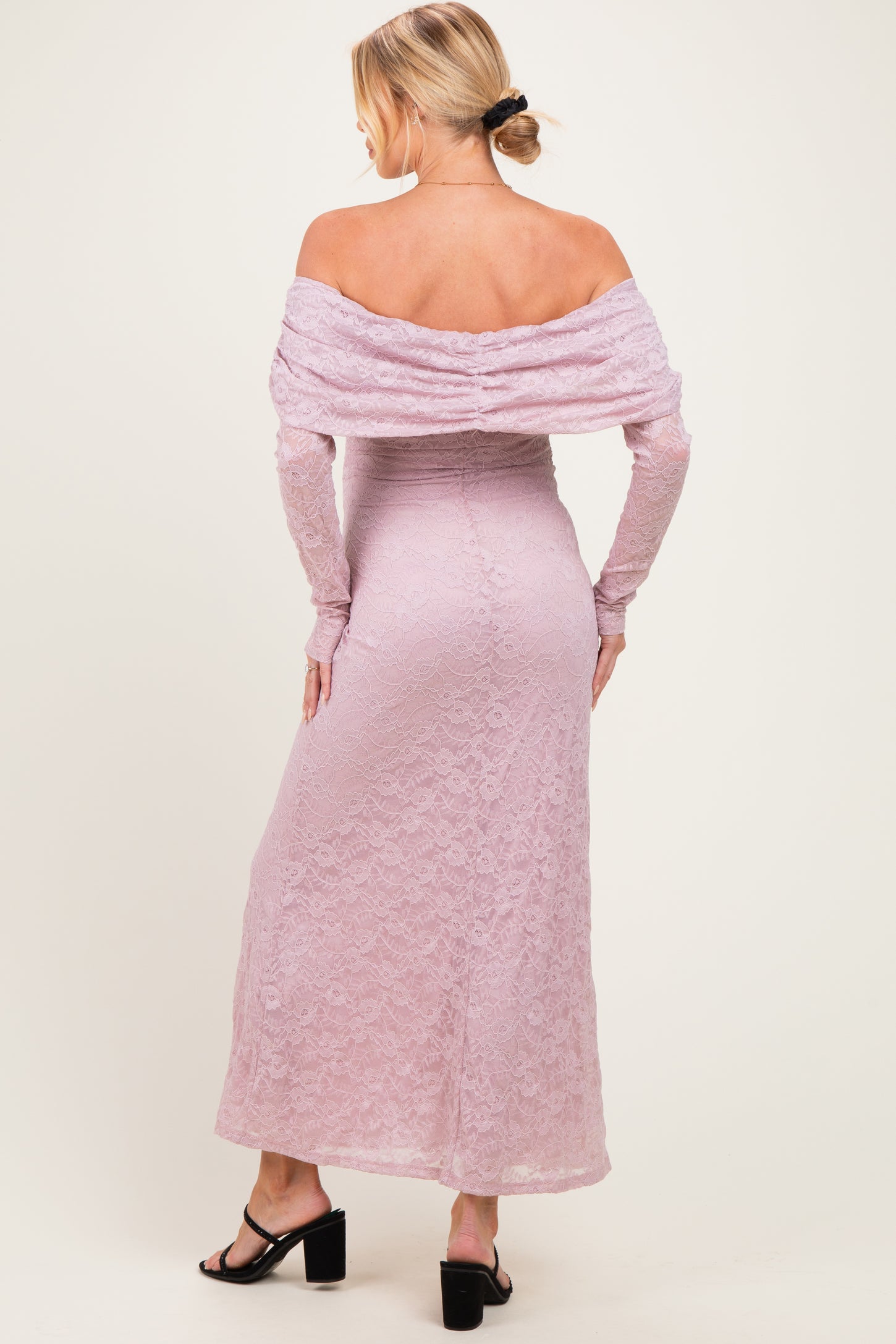 Light Pink Lace Off Shoulder Long Sleeve Maternity Maxi Dress