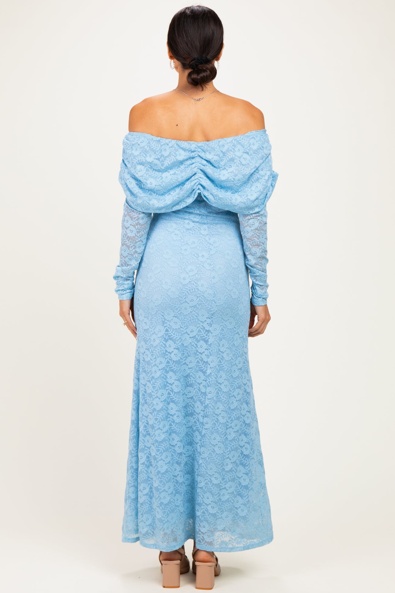 Light Blue Lace Off Shoulder Long Sleeve Maxi Dress