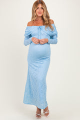 Light Blue Lace Off Shoulder Long Sleeve Maternity Maxi Dress