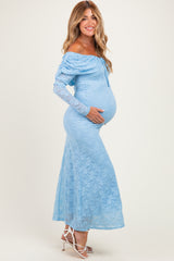 Light Blue Lace Off Shoulder Long Sleeve Maternity Maxi Dress