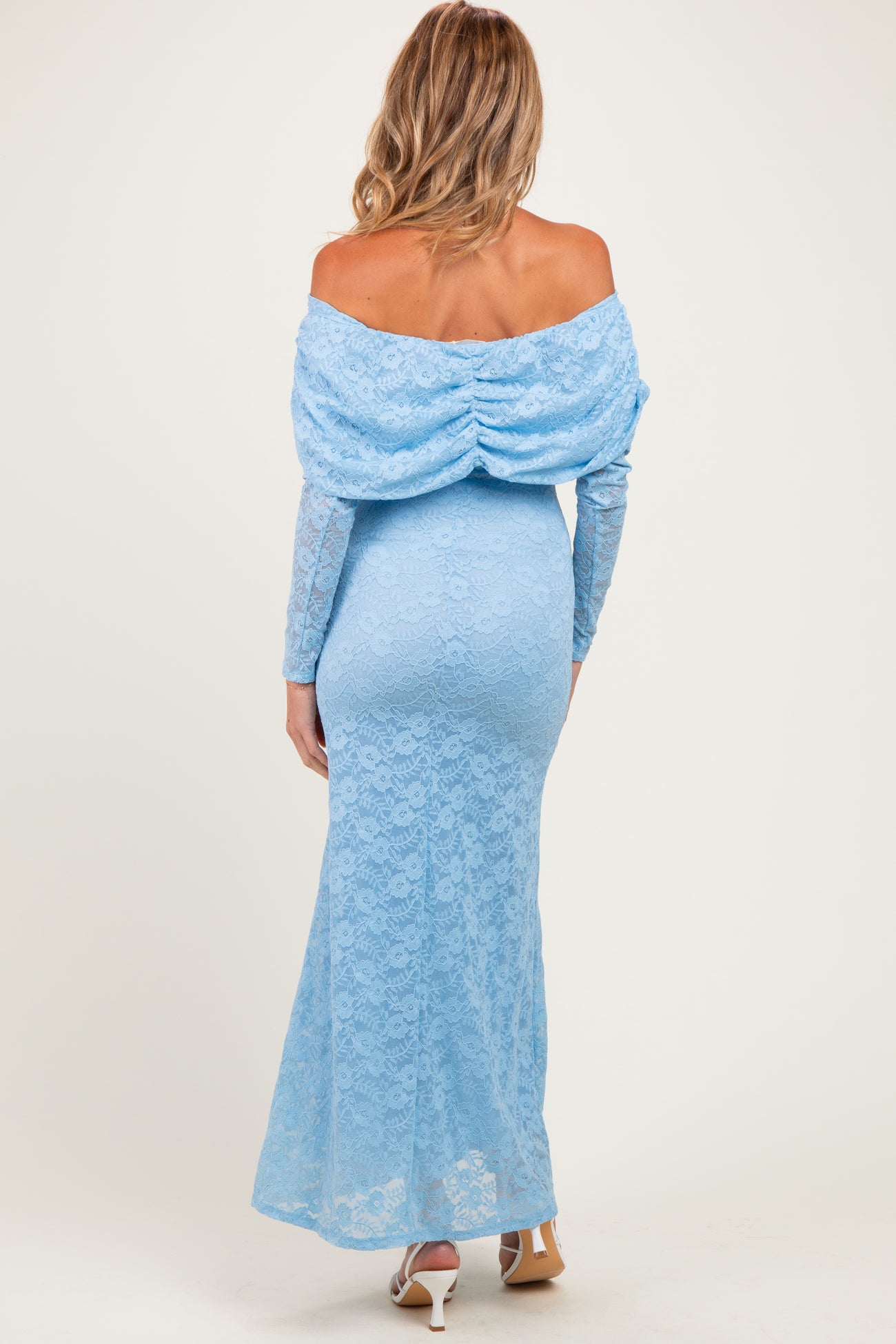 Light Blue Lace Off Shoulder Long Sleeve Maternity Maxi Dress