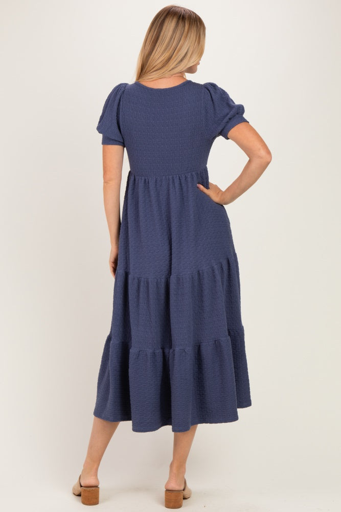 Blue Solid Short Sleeve Tiered Maternity Maxi Dress