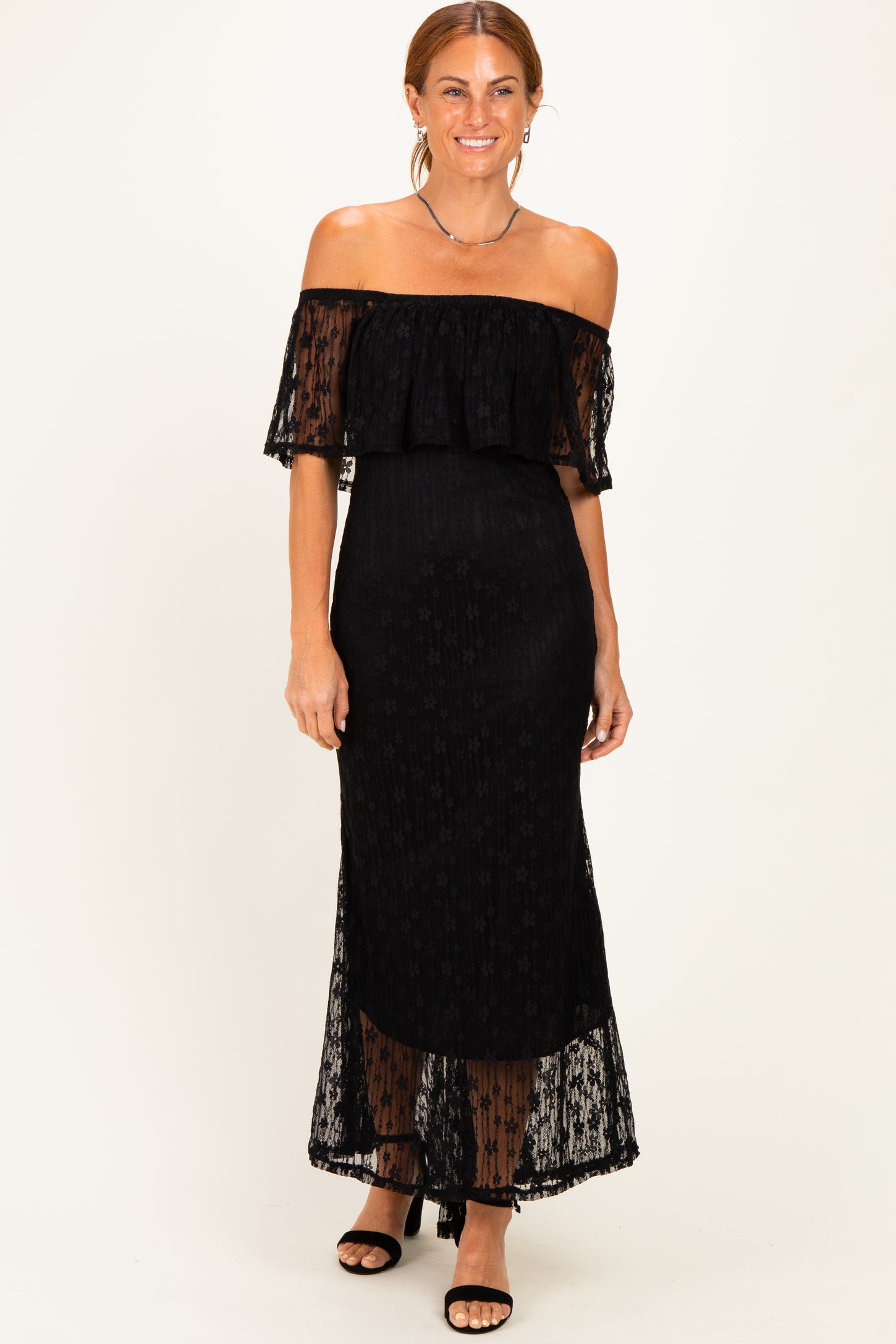 Black Off Shoulder Lace Maternity Maxi Dress