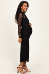 Black Lace Mock Neck Long Sleeve Maternity Maxi Dress
