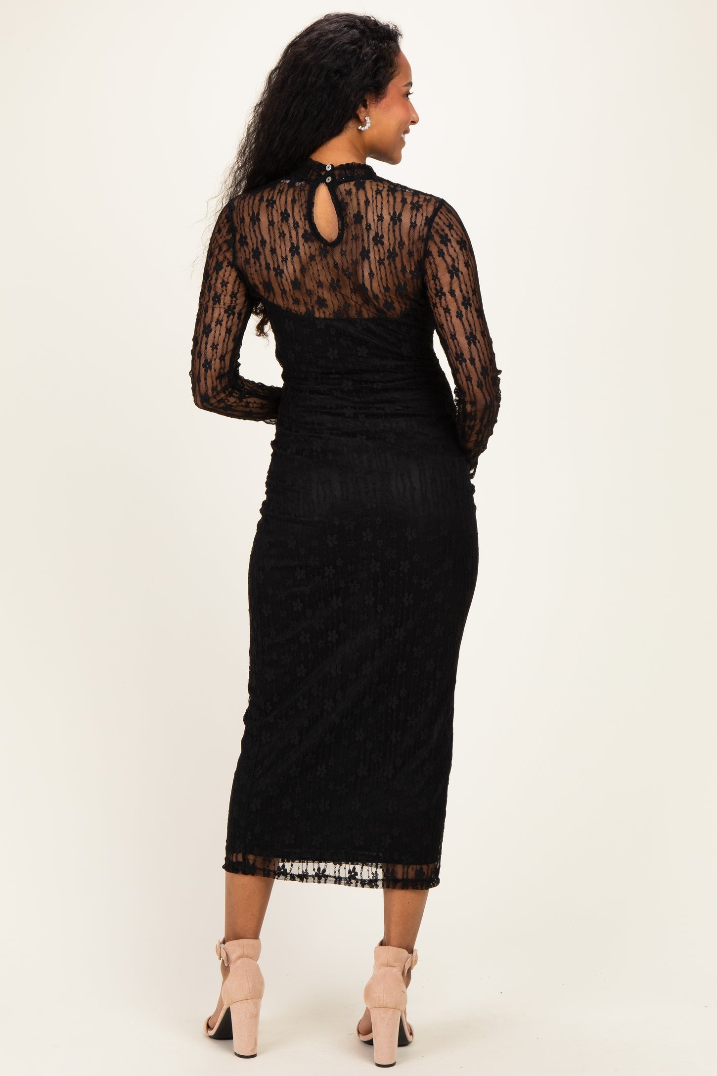 Black Lace Mock Neck Long Sleeve Maternity Maxi Dress