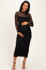 Black Lace Mock Neck Long Sleeve Maternity Maxi Dress