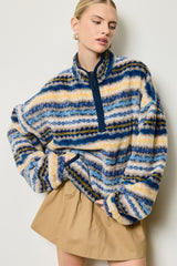 Blue Printed Fleece Oversized Half Zip Maternity Pullover