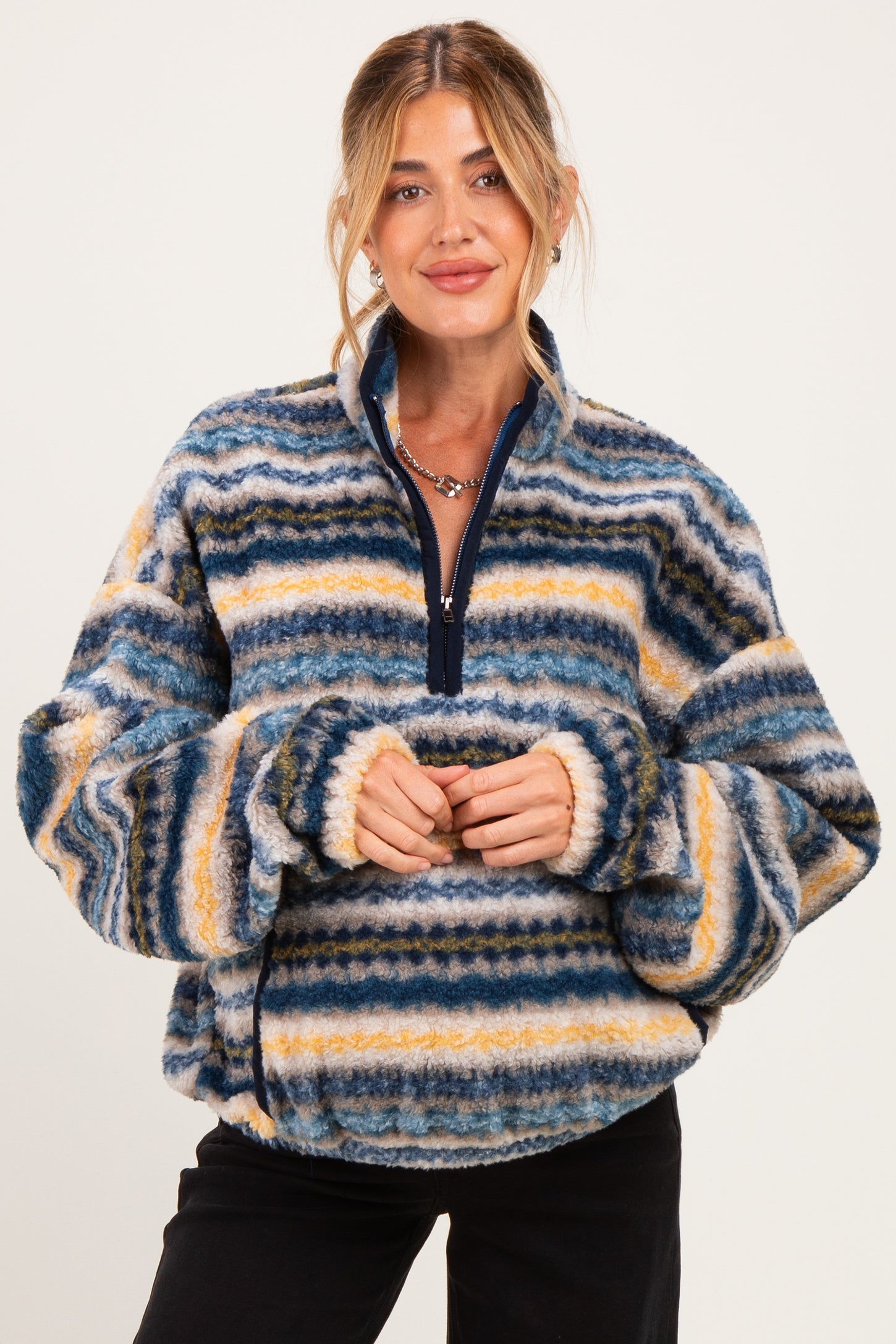 Blue Printed Fleece Oversized Half Zip Maternity Pullover