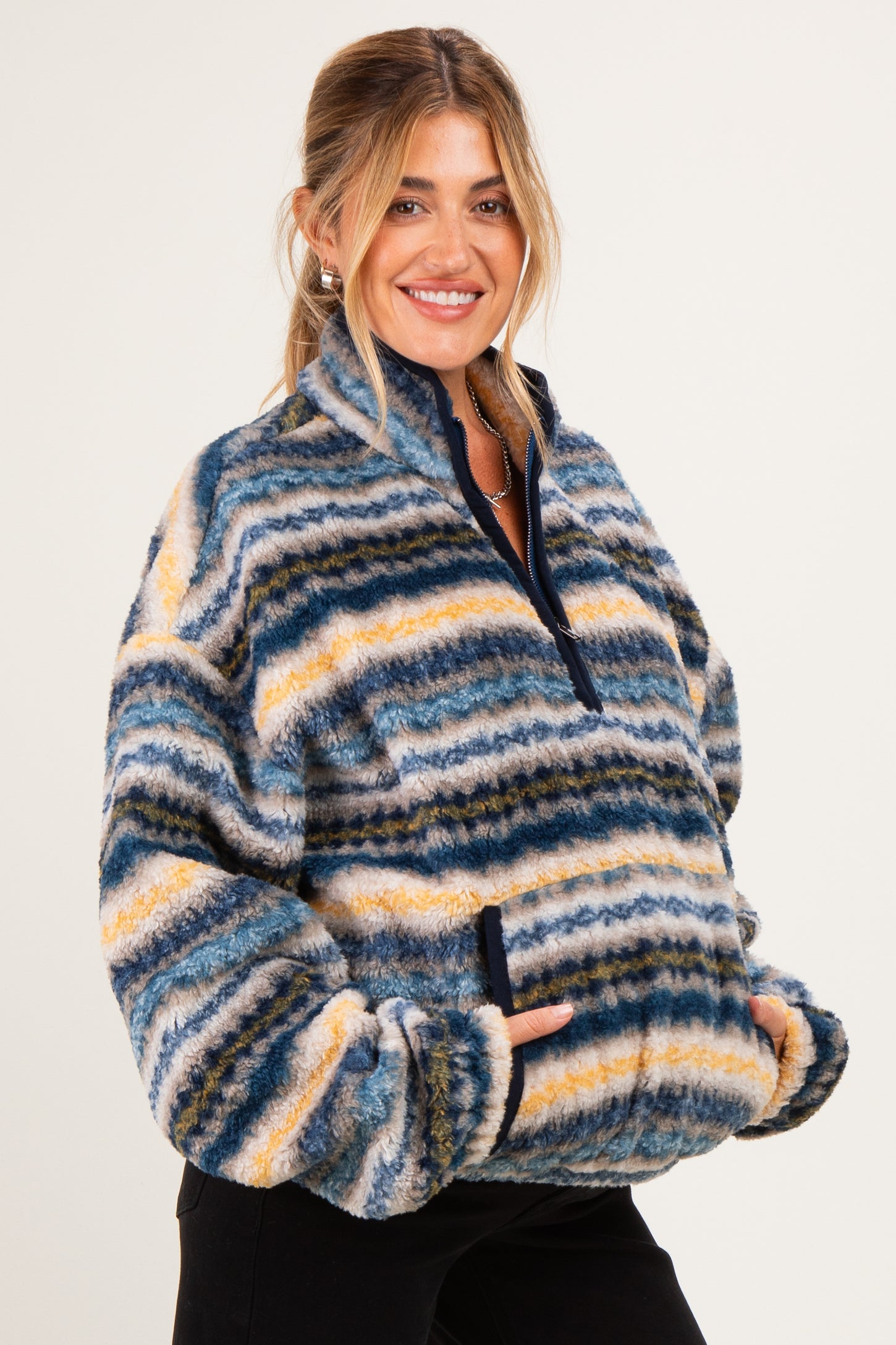 Blue Printed Fleece Oversized Half Zip Maternity Pullover