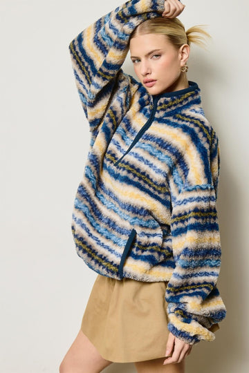 Blue Printed Fleece Oversized Half Zip Pullover