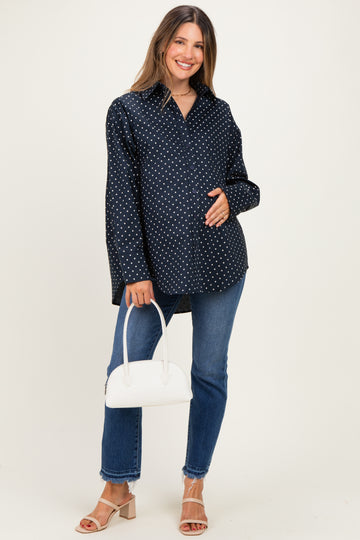 Navy Polka Dot Oversized Button Down Maternity Shirt