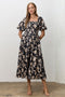 Black Floral Square Neck Puff Sleeve Midi Dress