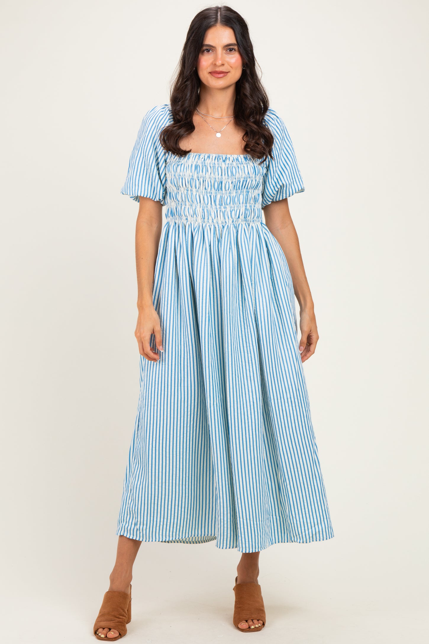 Blue Square Neck Smocked Striped Maternity Midi Dress