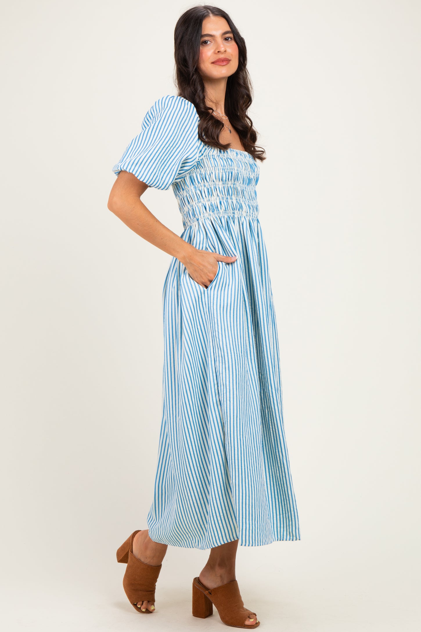 Blue Square Neck Smocked Striped Midi Dress