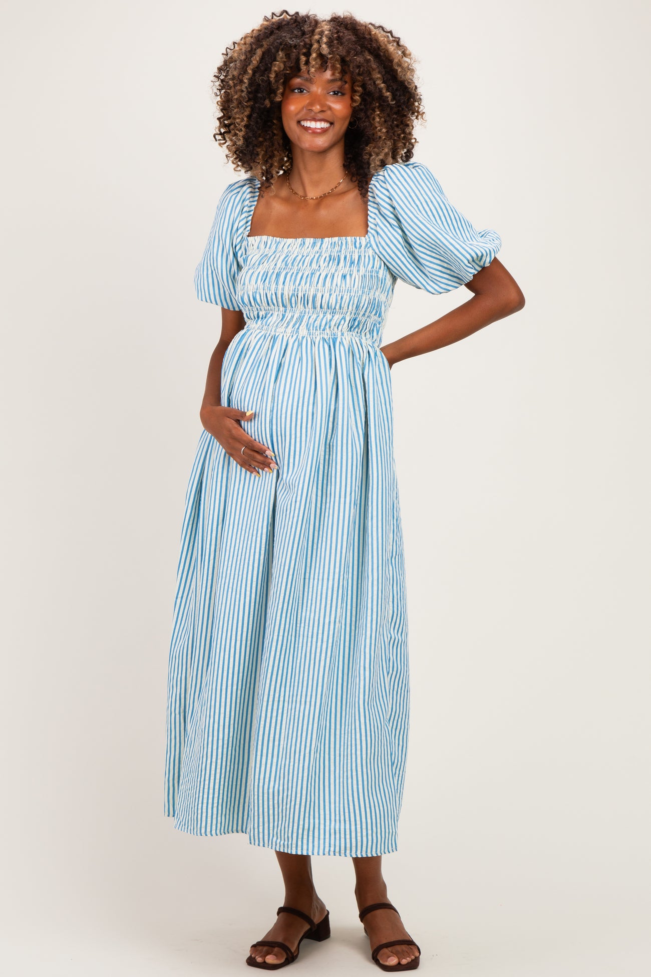 Blue Square Neck Smocked Striped Maternity Midi Dress