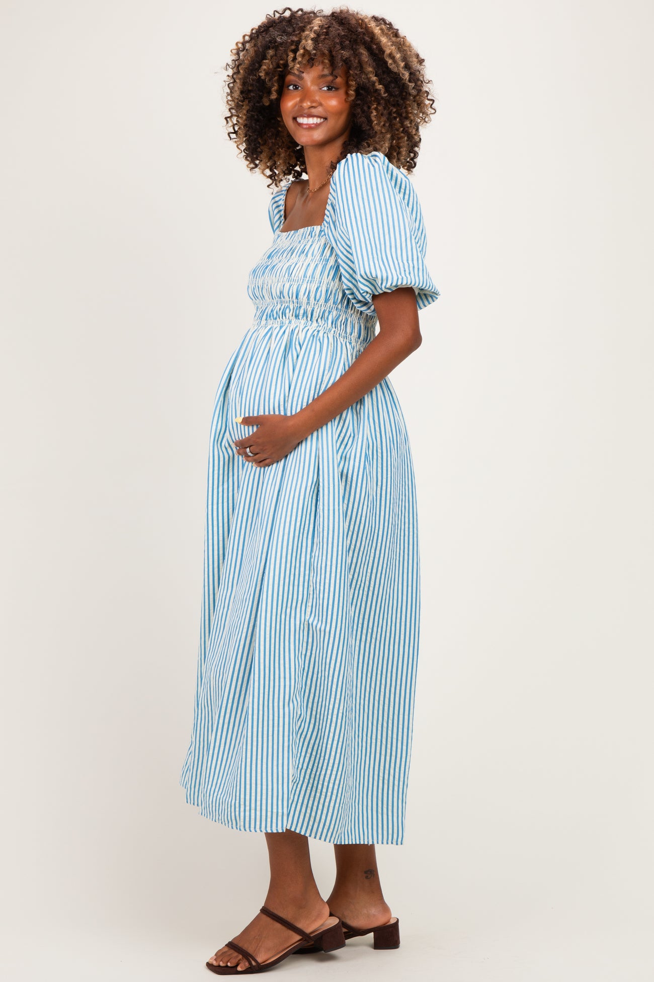 Blue Square Neck Smocked Striped Maternity Midi Dress