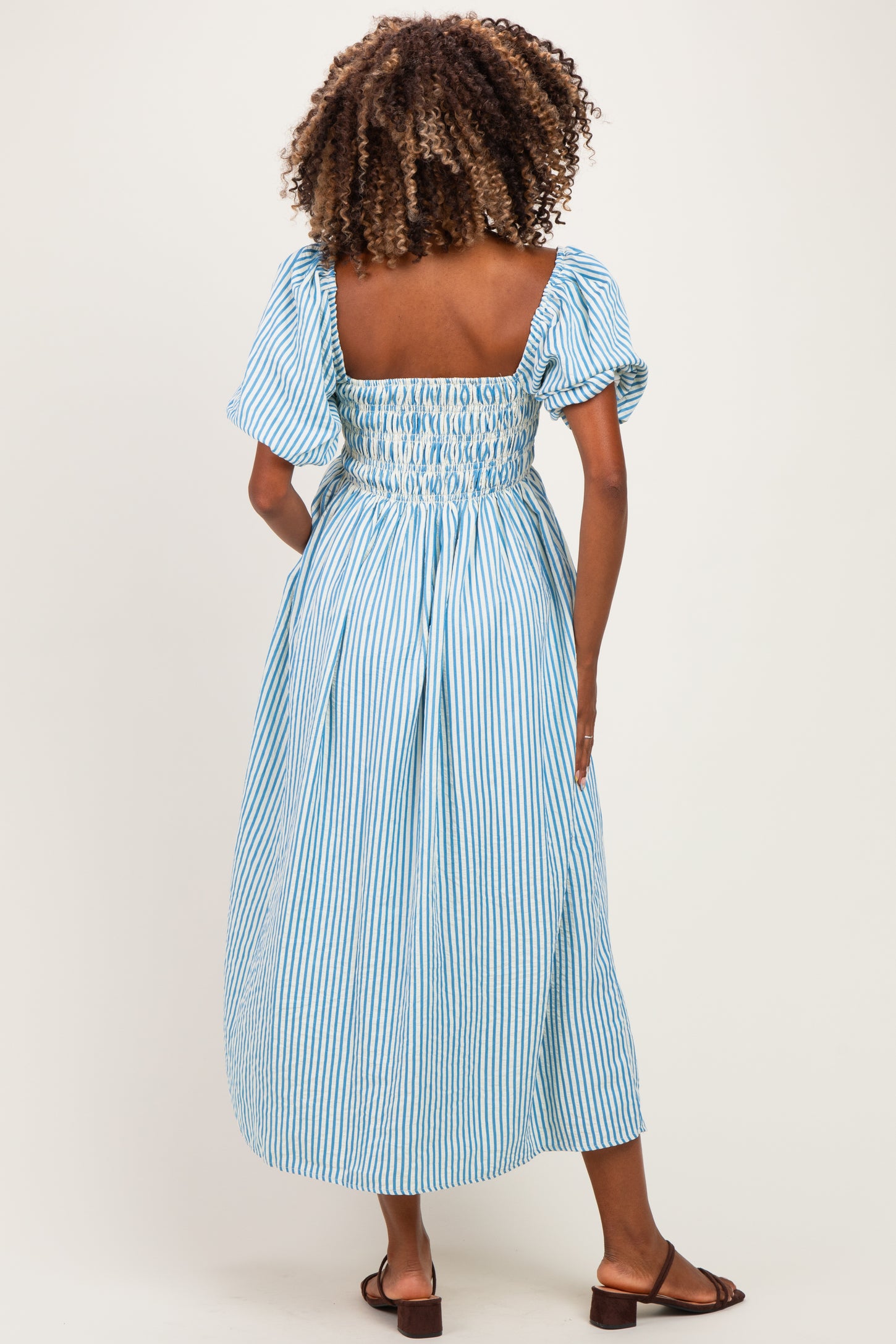 Blue Square Neck Smocked Striped Maternity Midi Dress