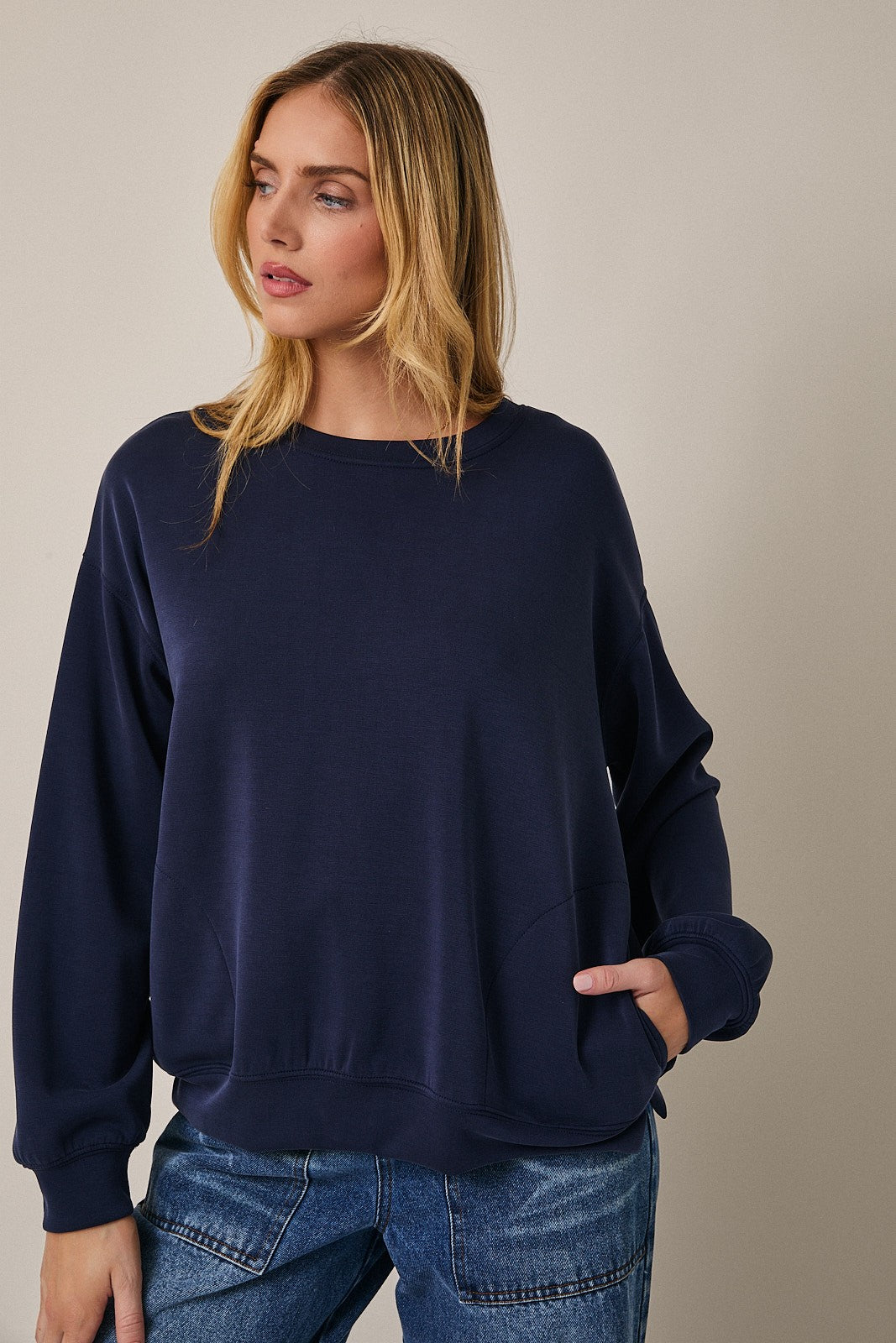 Navy Side Pocket Maternity Pullover Top