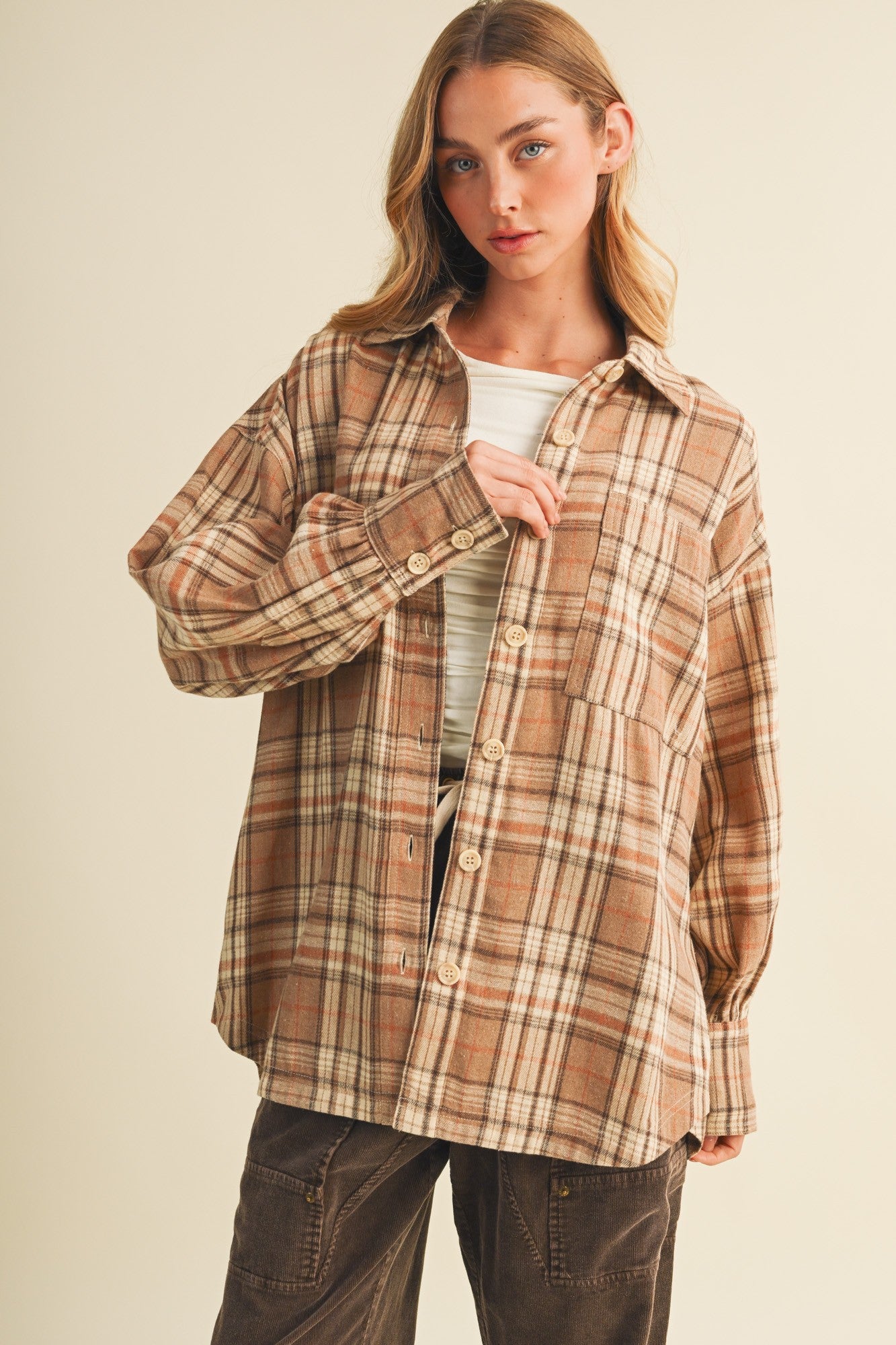 Beige Brushed Plaid Oversized Maternity Shirt Jacket