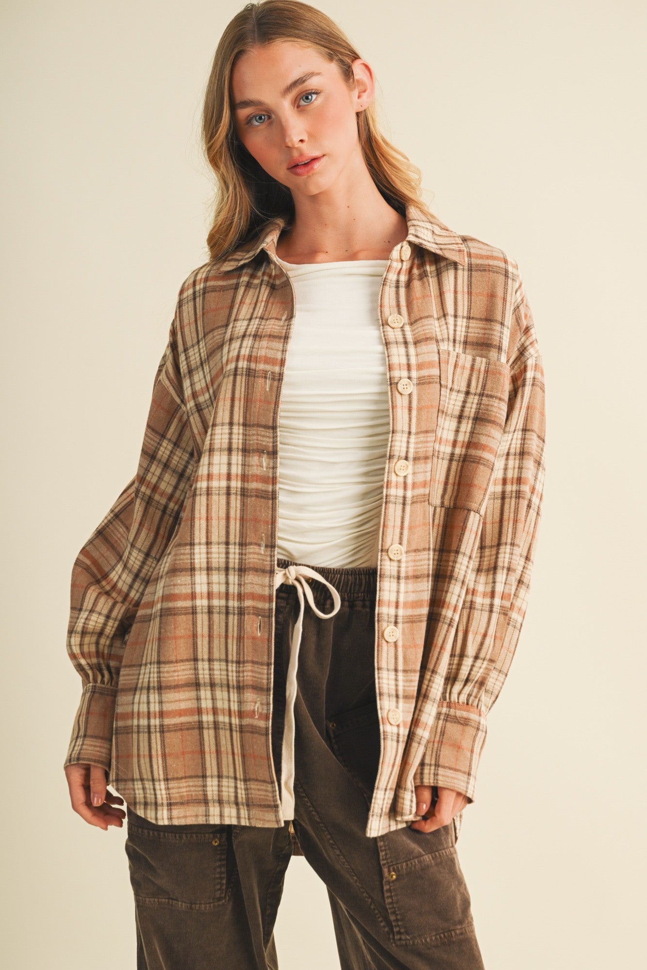 Beige Brushed Plaid Oversized Maternity Shirt Jacket